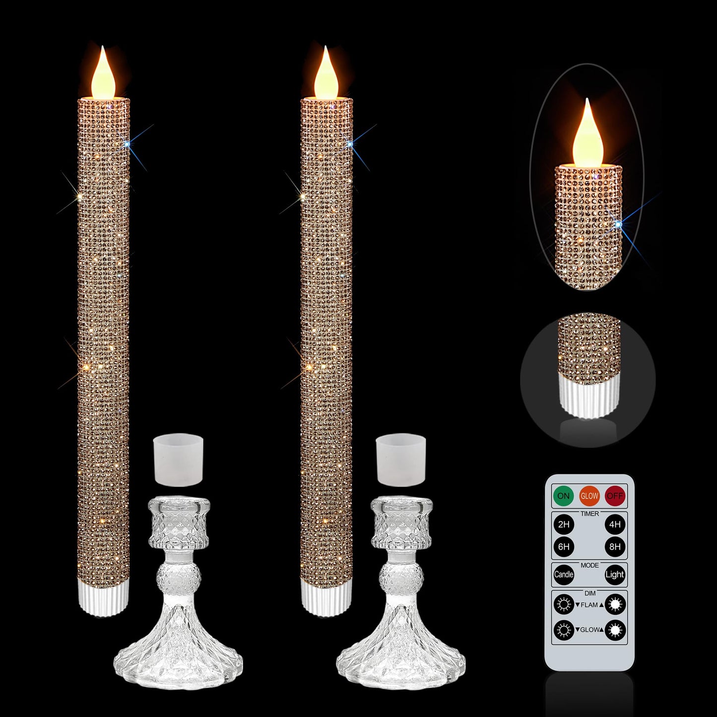 MISSTIME Flameless Taper Candles with Illuminated Crystal Glass Candle Holder - Remote Timer 2AA Battery Operated 500+ Hours Rose for Thanksgiving/Xmas Decor, Wedding Centerpiece (2 Pack)