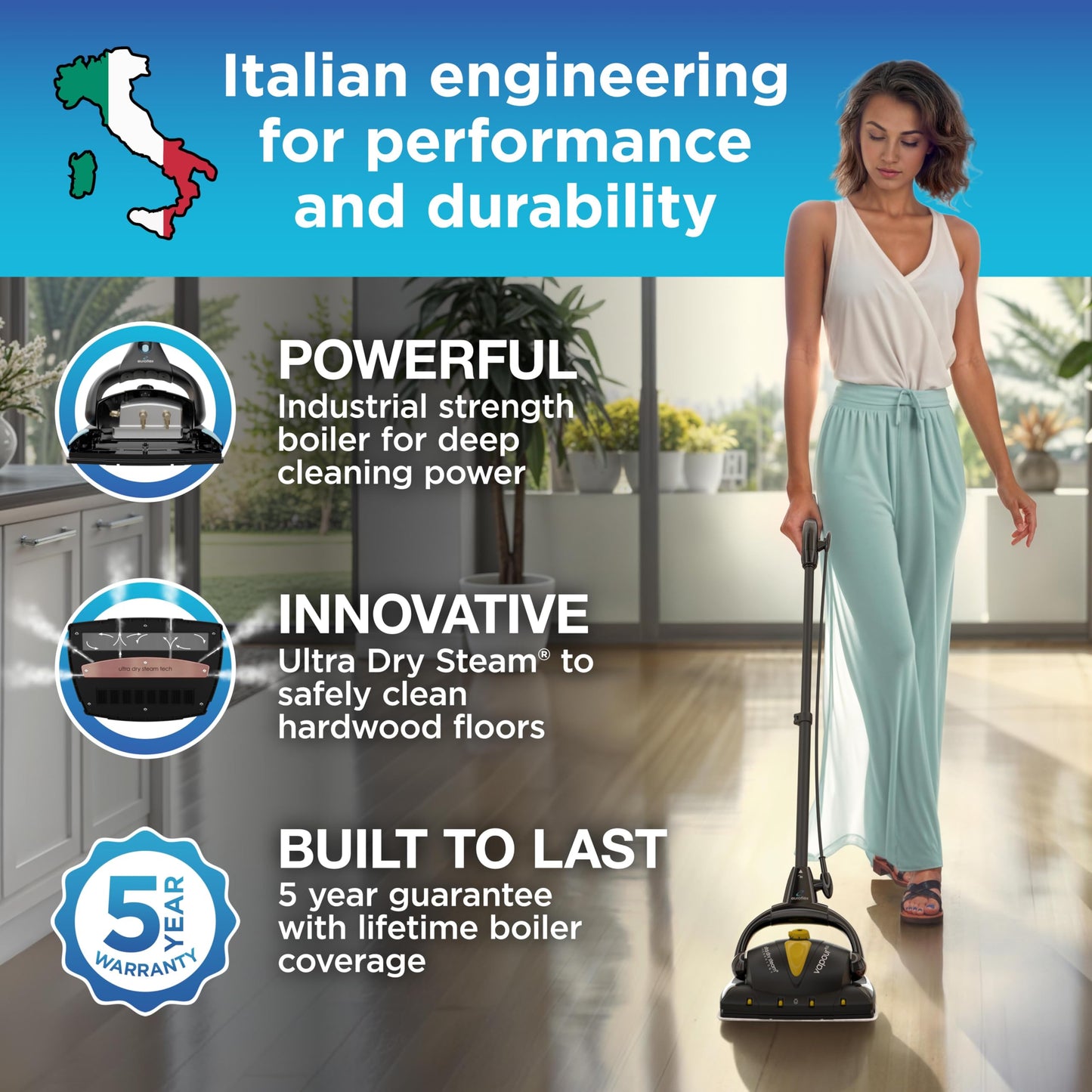 Euroflex Vapour Plus Steam Mop 18-Piece Set with Precision Floor Care Kit; Consumer Reports Recommended; 295°F & 50 PSI; Kills 99.9% Bacteria & Viruses incl. Influenza (H1N1); 5 Year Warranty