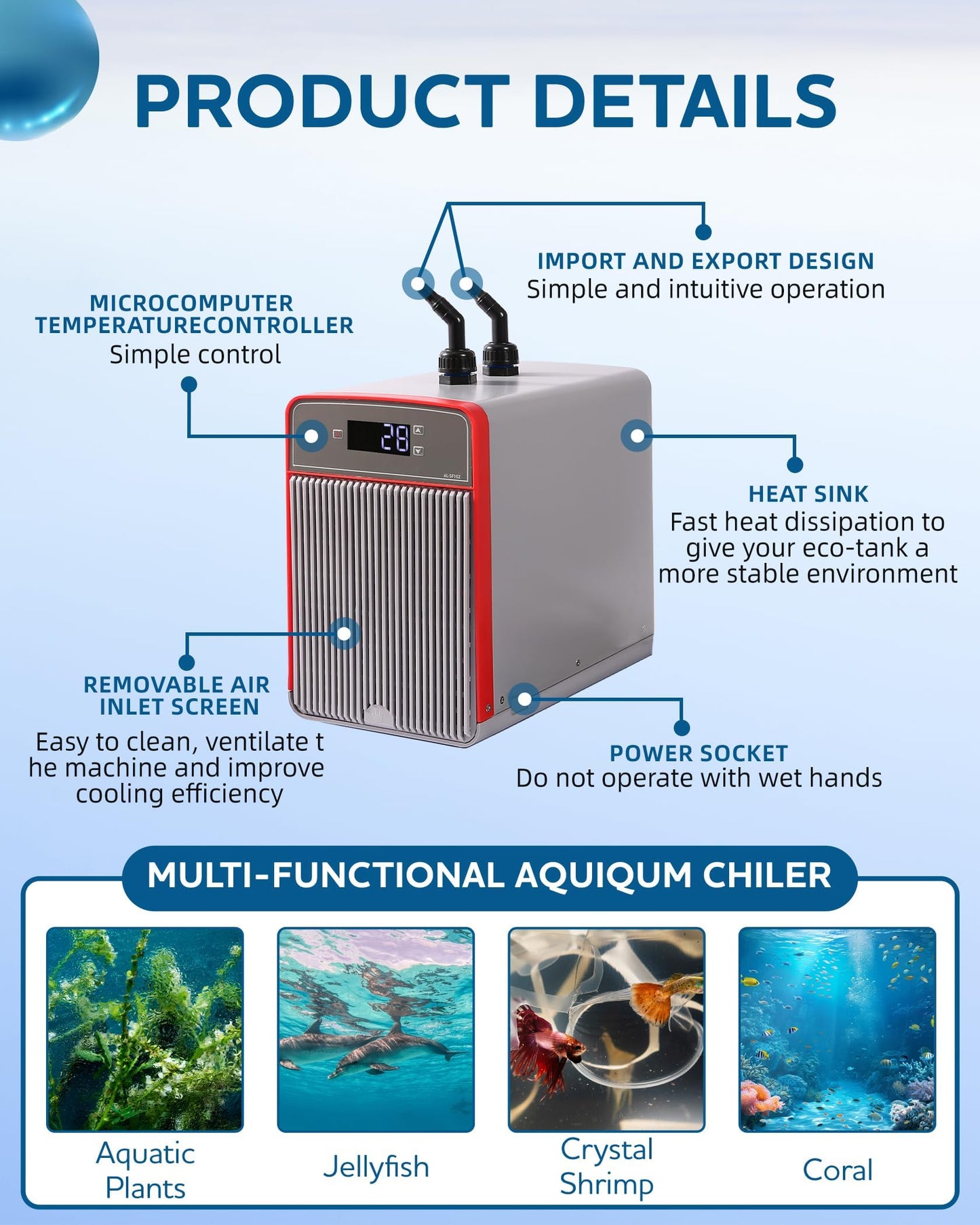 Erfolkerz 1/10 HP Aquarium Chiller– 42gal (160L). for Axolotls, Fish Tanks, hydroponics. Sea & Fresh Water Compatible. Includes Pump, nozzles & Hoops. Ideal for Coral & Shrimp 110V