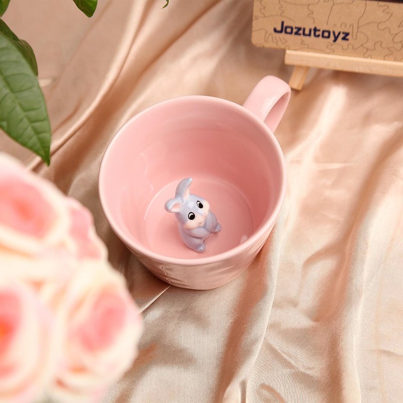 Ceramic Mug with 3D Animal Inside, Cartoon Handmade Figurine Mugs, Cute Coffee Mug With Interesting Design, Holiday and Birthday Gift for Coffee and Milk Tea Lovers (Rabbit)