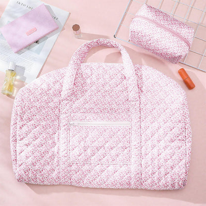 Bulyoou 2 Pack Floral Travel Duffel Bag Large Quilted Travel Duffle Bag and Floral Makeup Pouch Portable Gym Lightweight Weekender Organizer with Zipper Pockets Grocery Pouch for Women(Pink)