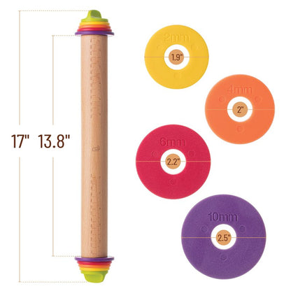 BAMBOO LAND- Adjustable Rolling Pin with Thickness Rings for Baking, 13.8", 4 Colorful Thickness Rings (2-10 mm or 1/16"-3/8"), Wood Rolling Pins for Baking, Bread, Pizza Doughs