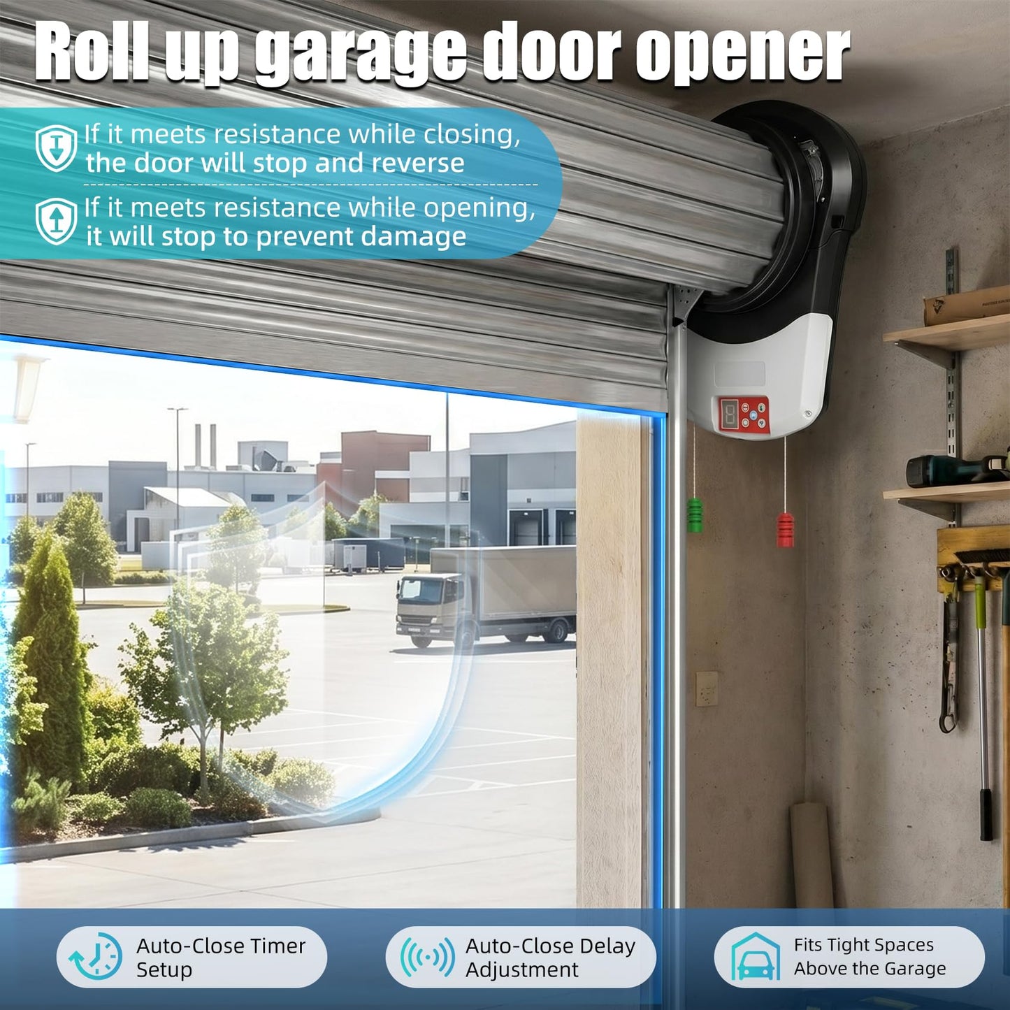 Roll Up Garage Door Opener 800N Heavy Duty, Quiet 24V DC Motor (55dB), Automatic Roller Door Opener with 164ft Remote Control, Easy Side Mount, for Garage, Home, Barn,Shop&Commercial Use