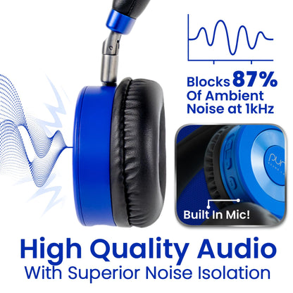Puro Sound Labs JuniorJam Plus Volume-Limiting Wireless Bluetooth Headphones for Kids, Secure Audio with Adjustable On-Ear Design, 22-Hour Battery Life, Ideal for Tablets, Smartphones & PCs - Blue