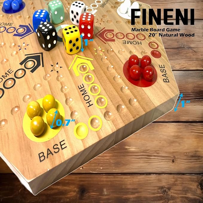 Wooden Board Games Marble Board Game Original with Dual Sides Fast Track Games for 2 to 6 Players Double Side Marble Boards 6 Colors 30 Marbles and 6 Color 6 Dice Pouch (20 Log)