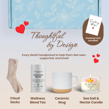 Wellness Tea Care Package for Women – Relaxation & Self-Care Gift Box with Cozy Cloud Socks, Ceramic Mug, Hand-Poured Candle & Sending Hugs Card (Wellness Blend)