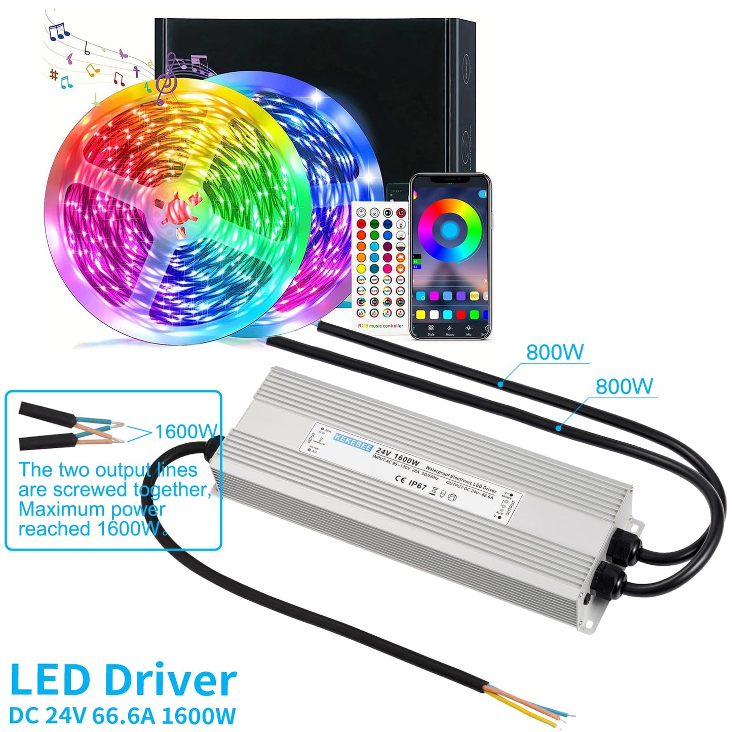 KEKEBEE LED Driver 24V1600W Waterproof Power Supply AC 90-130V to DC 24V66.6A Waterproof Switching Power Supply IP67 Transformer Suitable for Indoor and Outdoor LED Lighting and Any 24V DC Equipment