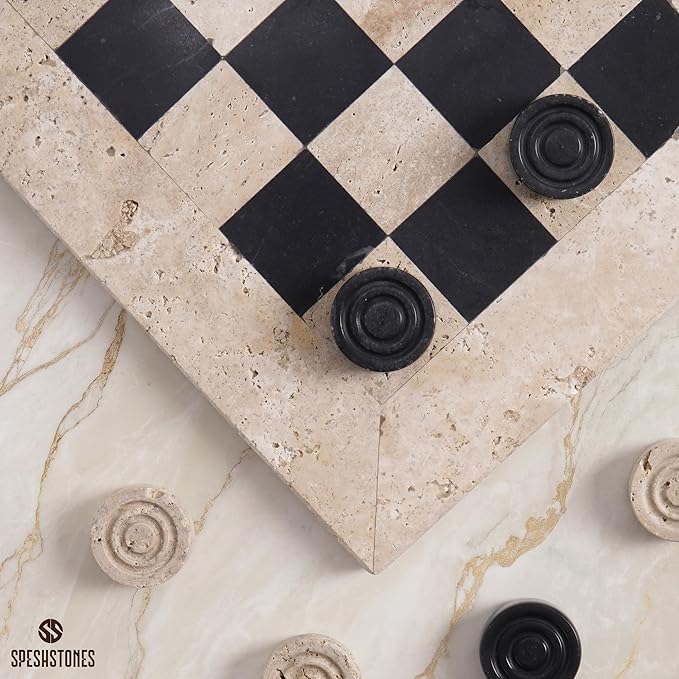 Marble Checkers Set 15 Inch Handmade Travertine &amp Black Checkers Board Game with Checker Pieces - Board Games for Adults Game Table Accessories Gifts &amp Home Décor