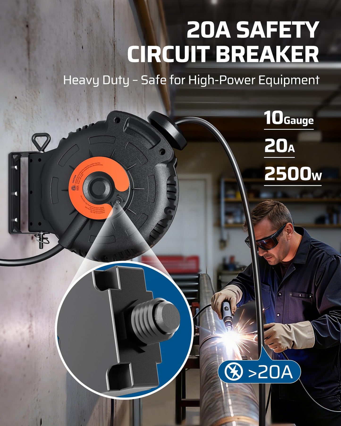 DEWENWILS 20Amp Retractable Extension Cord Reel, 30FT 2500W Heavy Duty Power Cord Reel, 10AWG/3C SJTW Industrial Cable, 4 Grounded Outlets, 180° Swivel Bracket for Garage Workshop Construction Site