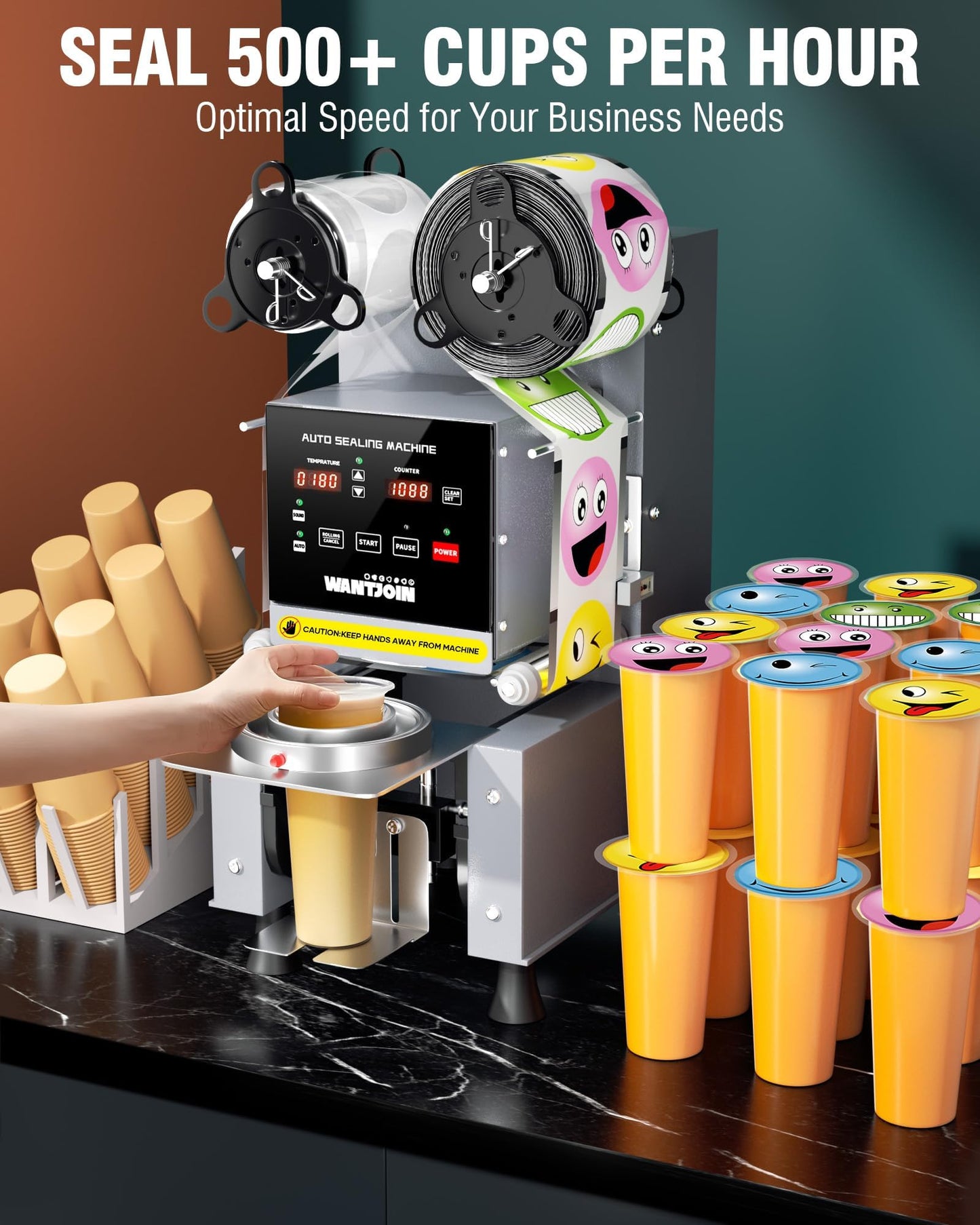 WantJoin Cup Sealer Machine - Full Automatic Cup Sealing Machine Electric Boba Sealing Machine Seals 500-600 Cups/H Digital Control Panel Cup Sealer for Bubble Milk Tea Coffee Shop,20''H 90/95mm