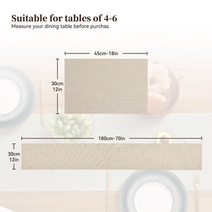 Leetaltree Beige Table Runner and Placemats Set of 5, Heat Resistant Non-Slip Place mats for Dining Table, Washable Durable PVC Vinyl Woven Table Runner Set