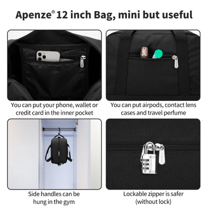 Apenze Small Gym Bag Carry On Bag - 12 in Mini Duffle Bag Lightweight for Overnight Travel（Black）