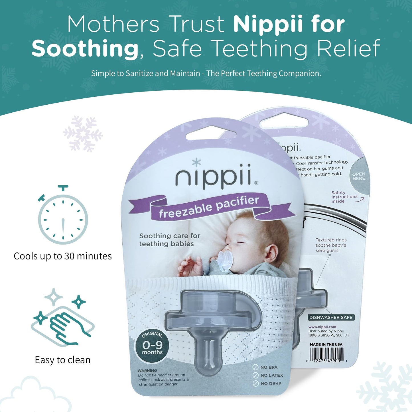 Nippii Freezable Pacifier for Baby Teething Relief - Safe Infant Teether with Cooling Effect - Easy to Clean, Medical Grade Soft Silicone - BPA Free - for Babies 0-9 Months - Made in USA