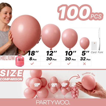 PartyWoo Dusty Pink Balloons 100pcs Different Sizes of 18 12 10 5 Inch Blush Pink Dusty Rose Boho Netural Balloon Arch Kit Garland for Baby Shower Princess Girl Birthday Party Decorations Pink-F01