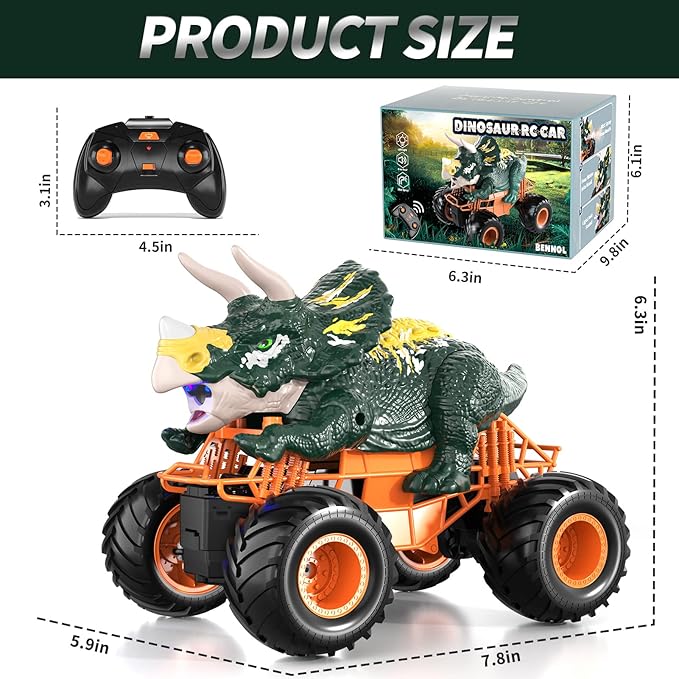 Bennol Remote Control Dinosaur Truck Toys for Kids Boys 3-5 4-7 2.4GHz RC Dino Car Toys with Light Sound &amp Spray Indoor Outdoor All Terrain Electric RC Monster Car Gifts for 3 4 5 8 10 12 Boys