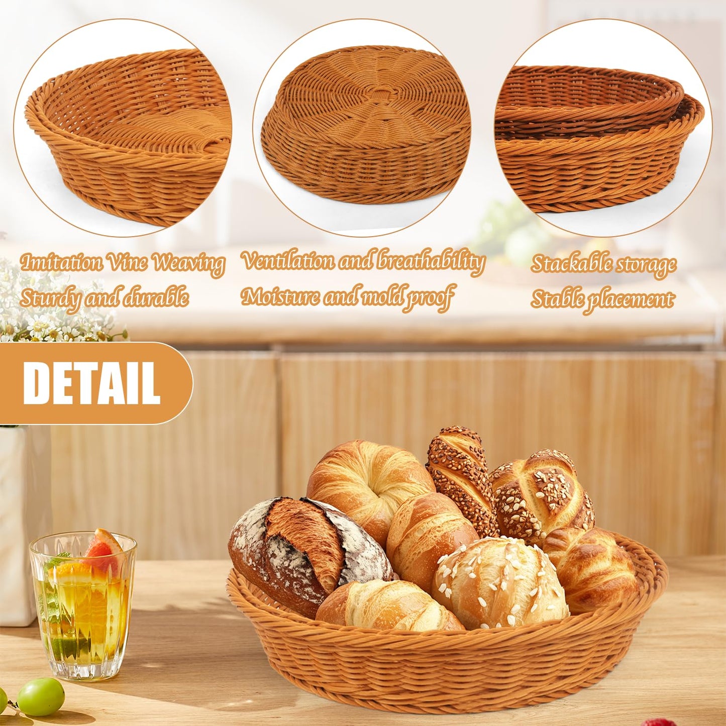 Round Wicker Basket, 3 Pack Rattan Food Serving Baskets Wicker Bread Basket For Fruit, Vegetables, Breakfast, Drinks, Snacks, Dining Coffee Table, 15.5, 13.8, 11.8 Inches (Brown)