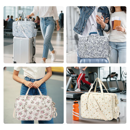 Quilted Duffle Bag for Women, Quilted Weekender Bag, Quilted Travel Bag, Large Floral Duffle Bags with Adjustable Straps