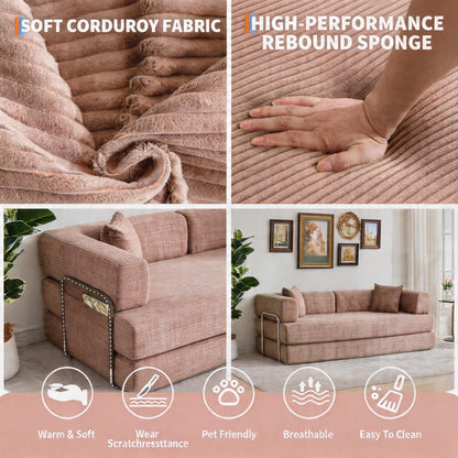 5-in-1 Convertible Sofa Bed Sleeper, 79" Corduroy Floor Couch with 4 Pillows, Boneless Deep Seat Futon Mattress, No Assembly, Modern Lounge Sofa for Living Room, Apartment, Small Spaces, Pink