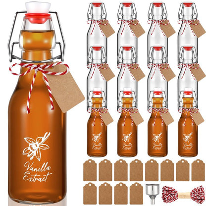 Reallnaive 12 Pack 8oz Vanilla Extract Bottles Swing Top Glass Bottles for Vanilla Extract Homemade Glass with Caps and Cotton Twines for Wedding Baby Shower Favors