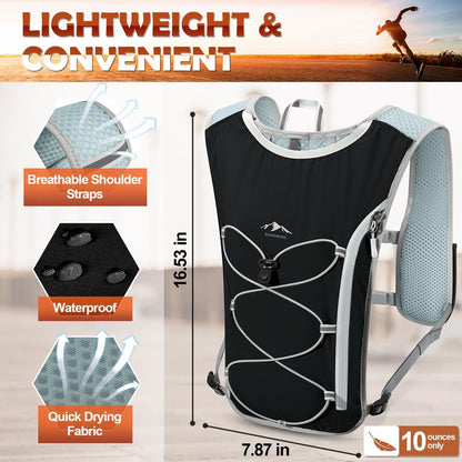 RAINSMORE Running Hydration Vest with 500ml Soft Flask, Waterproof Phone Pocket, Lightweight Hydration Pack, Adjustable No-Bounce Straps for Trail Running, Marathon, Cycling Black