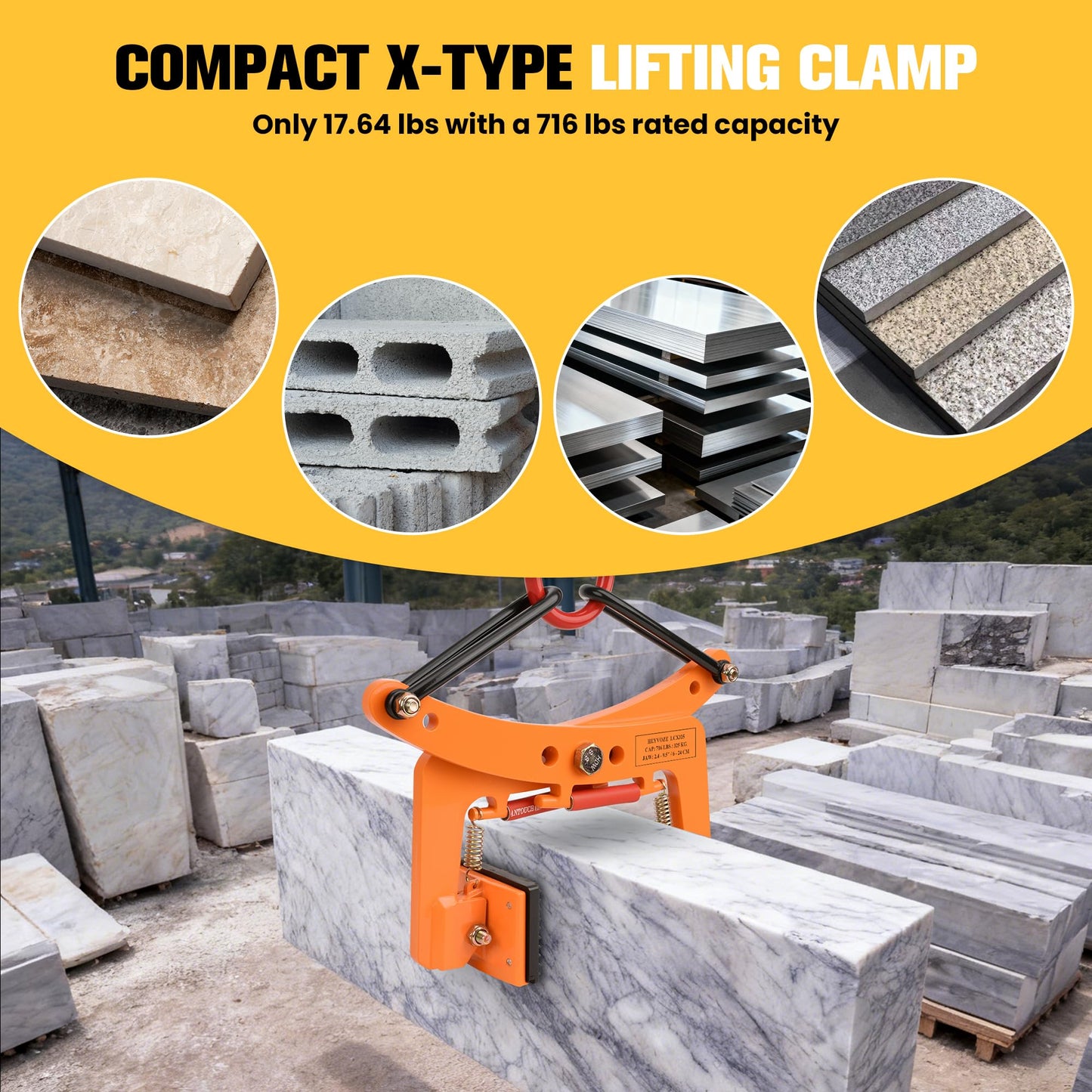 HEYVOZE 716 lbs Granite Slab Lifting Clamp, 2.4-9.5 in Opening X-Type Stone Lifting Clamp, Durable Design for Granite, Marble, and Concrete Handling