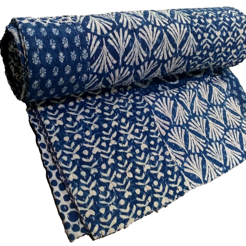 Trade Star Reversible Kantha Quilt Ethnic Cotton Queen Size Ajarak Bedspread Throw for Home Decor (Pattern 11)