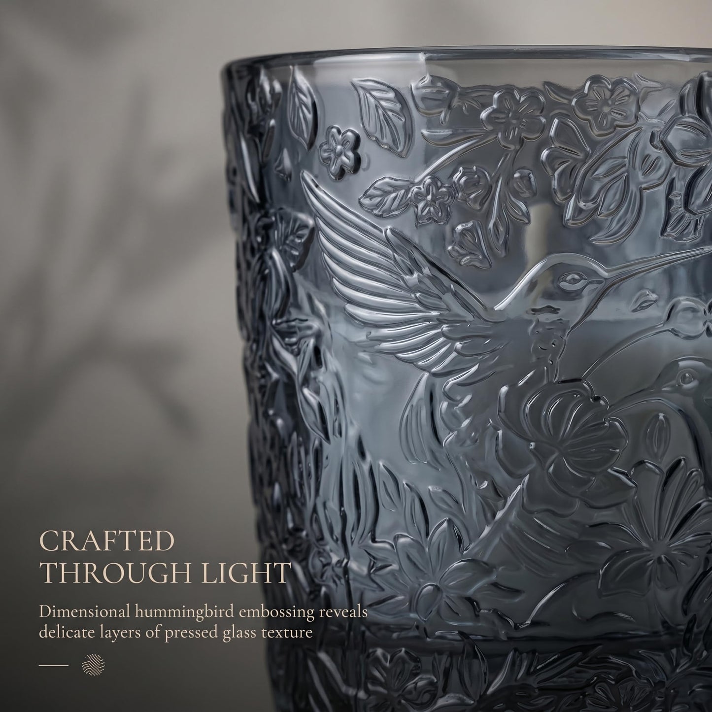 12 Pack Hummingbird Embossed Glass Candle Holders – Votive Tealight Holders with Patent Design, Decorative Embossed Glass Cups for Wedding Centerpieces, Parties, and Home Décor (Smoky Quartz)