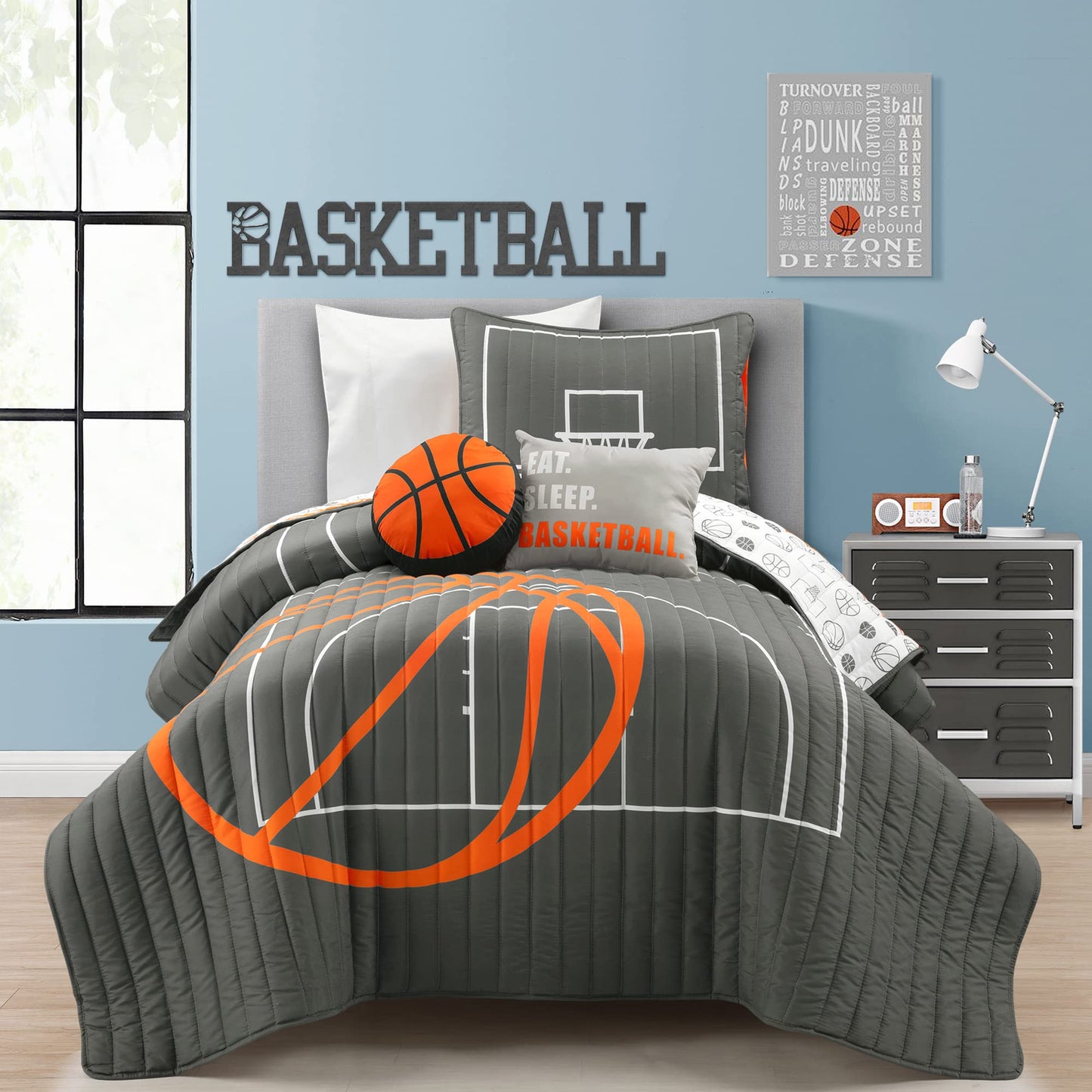 Lush Decor Basketball Game Reversible Quilt Twin Size 4 Piece Set, Charcoal - Kids Bedding Set - Twin Size Quilt - Sports Décor