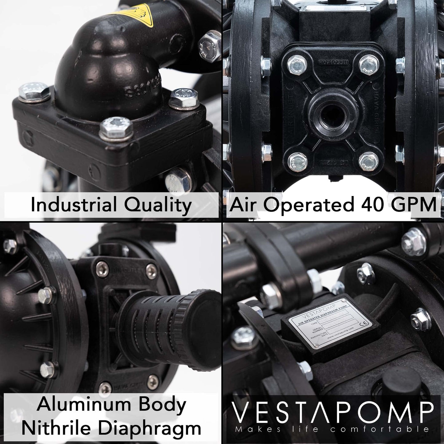 Vestapomp Air Operated Diaphragm Pump - New Version - Diaphragm Pump Air - Waste Oil AODD - Double Pneumatic Transfer (1 inch Discharge, Aluminum Body + Nitrile 40 GPM 100 PSI)