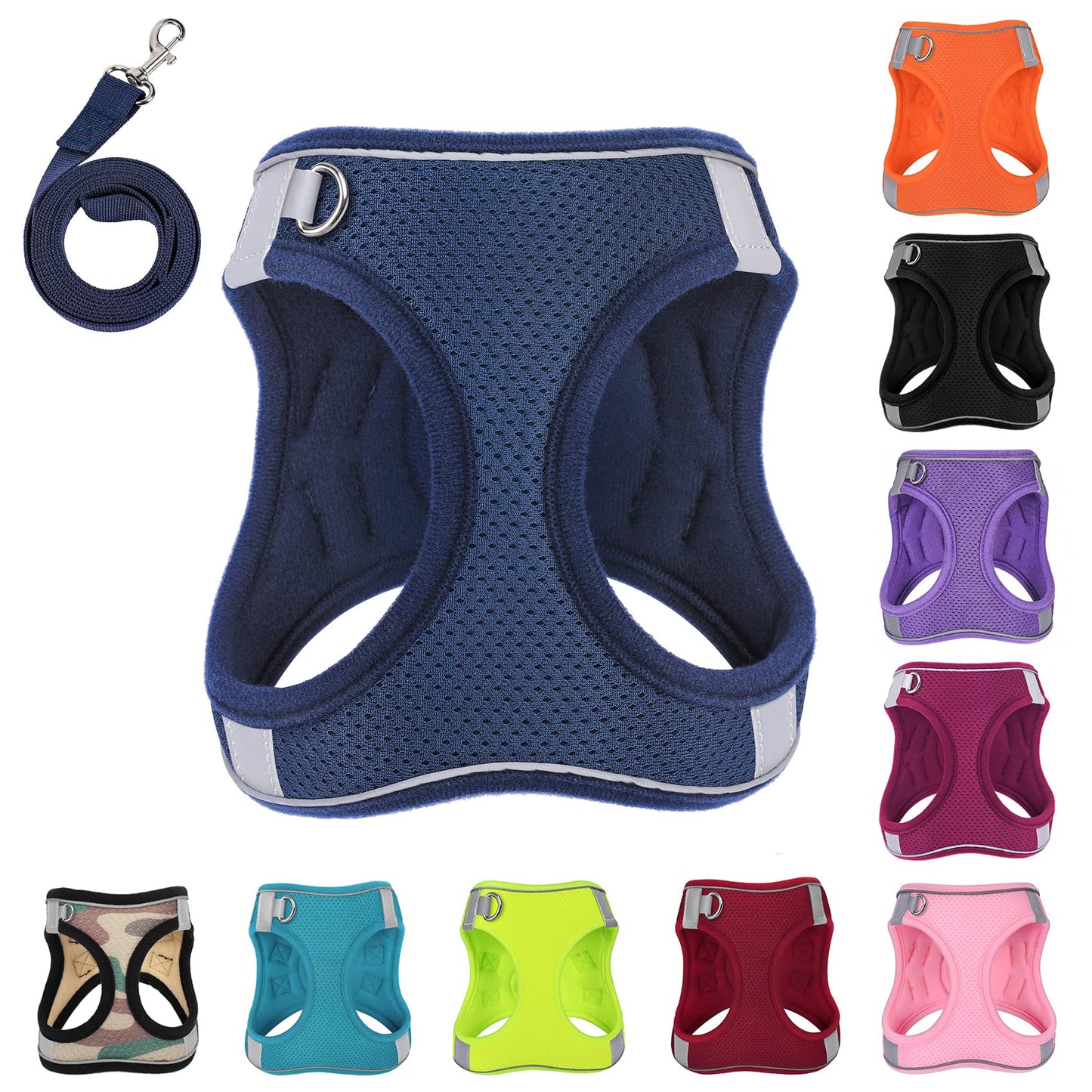 PWOD Dog Harness with Leash Set, No-Pull Step-in Reflective Pet Harness with 1 Leash Clips, Adjustable Soft Padded Easy Walk Dog Vest for Small Medium Large Dogs, Cats(Dark Blue, Large)