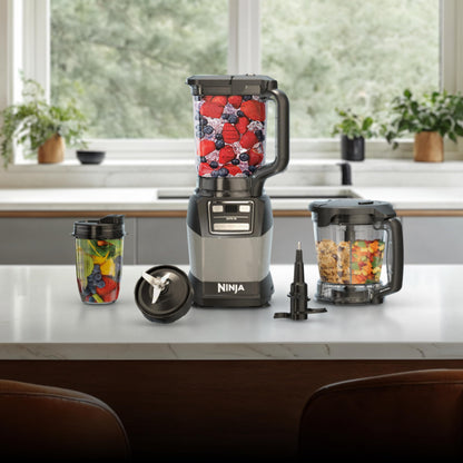 Ninja Blender, Compact Kitchen System, 1200W, 3 Functions for Smoothies, Dough & Frozen Drinks with Auto-IQ, 72-oz.* Blender Pitcher, 40-oz. Processor Bowl & 18-oz. Single-Serve Cup, Grey, AMZ493BRN