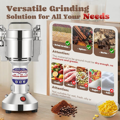 Moongiantgo Grain Mill Grinder Electric 150g Commercial Spice Grinder 850W Stainless Steel Pulverizer Dry Grinding Machine for Wheat Corn Rice Pepper Herbs Coffee Beans (150g Upright, 110V)