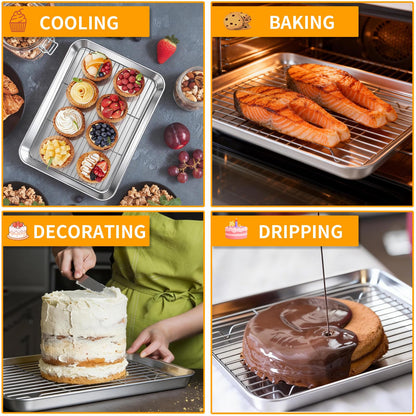 Baking Sheet Pan Set of 8, CEKEE Stainless Steel Cookie Sheets for Baking with Cooling Rack, Small/Quarter/Jelly Roll Pans, 9/10/12/16 Inch, 0.8mm Thick Heavy Duty & Non Toxic & Easy Clean