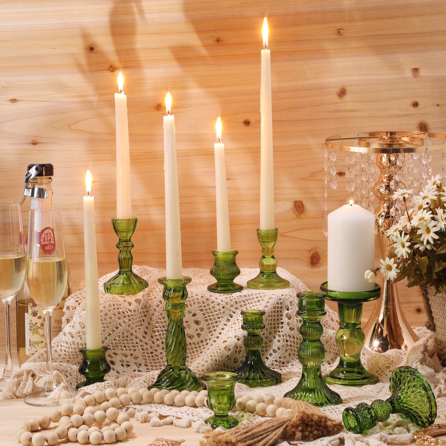 Mumufy 20 Pcs Glass Crystal Taper Candle Holders Clear Glass Candlestick Holder Fit 0.8 Inch Candles Crystal Decorative Candle Stand Centerpiece Table Wedding Dining Party(Green)