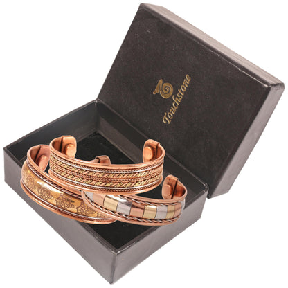 Touchstone copper bracelets | gift for men women |adjustable 100% pure solid real magnetic jewelry | handmade bracelet set combo | rope braided tibetan bangles. Set of 3 different designs