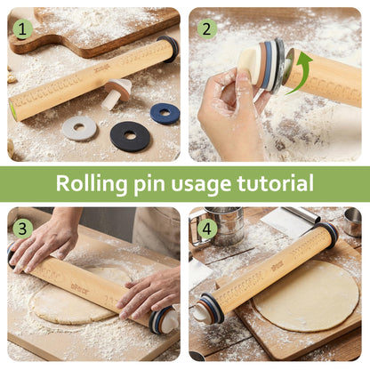 Oiforce Rolling Pin with Adjustable Thickness Rings, Wooden Rolling Pin for Baking, 13.6" Precise Dough Roller for Baking Fondant, Pizza, Pie, Pastry, Pasta, Cookies and More