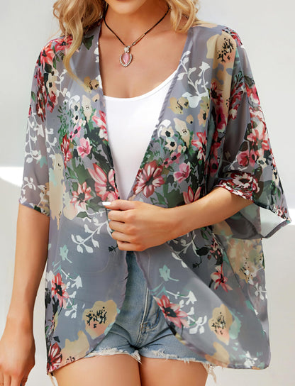 Women's Floral Print Puff Sleeve Kimono Cardigan Loose Cover Up Casual Blouse Tops (Dark Grey, XL)