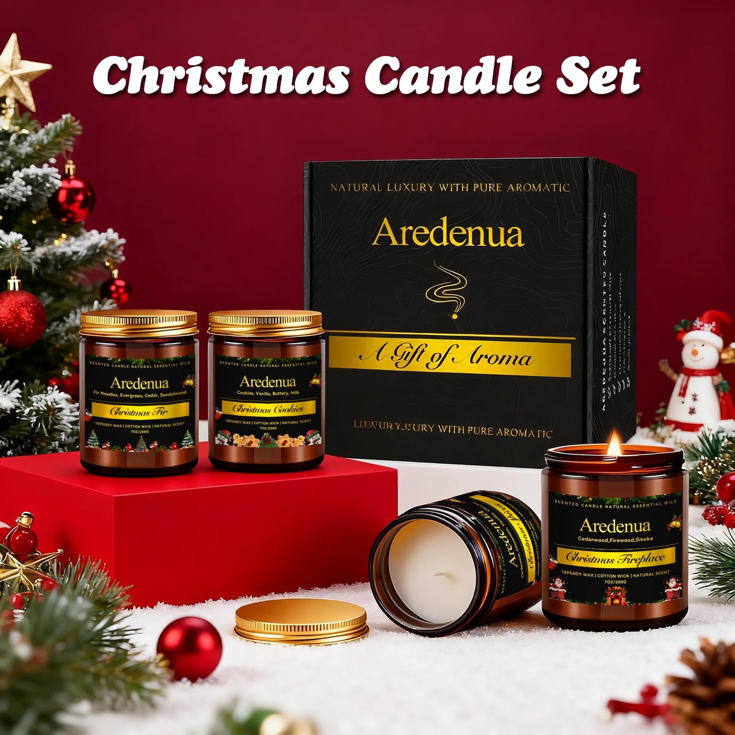 Holiday Candles Set | 4 Pack Holiday Scented Candles, Hand Poured Soy Candles for Home Scented - Christmas Candle Gifts for Women and Men - Scents of Fir/Spices/Cookies/Fireplace