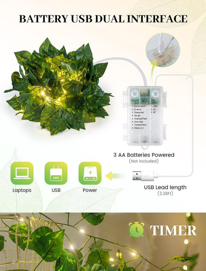woohaha Vine with Fairy Lights,23ft 73LED Ivy String Light with Battery Operated,Leaf Light for Bedroom, Room, Wall, Garden, Party, Wedding Decor (Warm White)