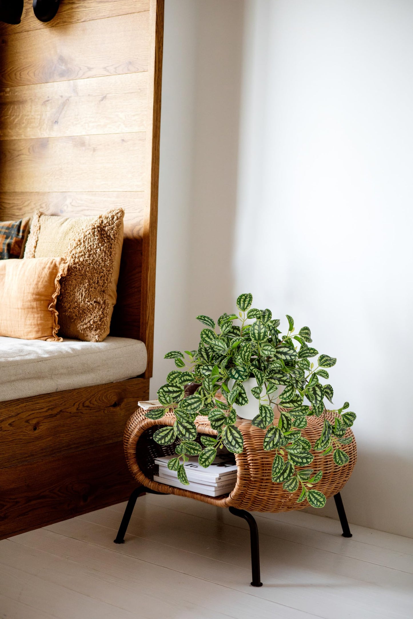 Briful Fake Plants Indoor Artificial Potted Silk Plants Faux Watermelon Peperomia Trailing Vine Plant for Home Office Livingroom Desk Shelf Mantle Decoration(Green/White - 1 Pack)