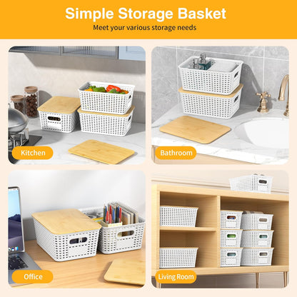 Skiennix Plastic Storage Baskets - Stackable Containers with Bamboo Lids & Labels, 6-Pack White