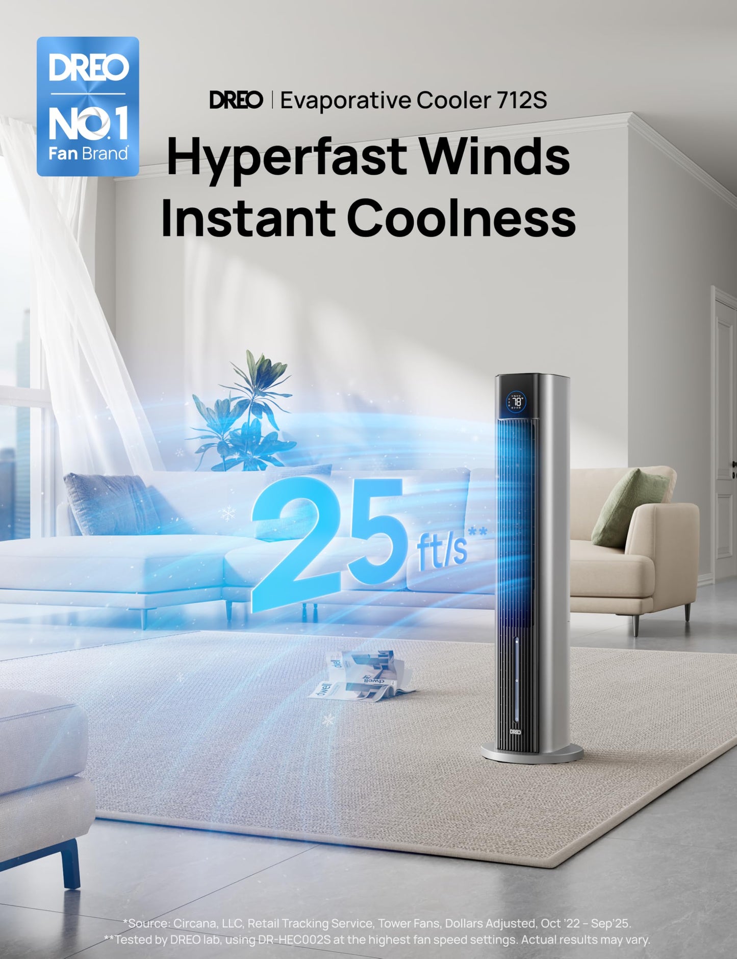 DREO Tower Fan for Bedroom, 43" Cooling Fans That Blow Cold Air 2026 Upgraded, Evaporative Air Cooler, Quiet 80° Oscillating Floor Fan, Easy Cleaning, APP Control, 4 Modes 4 Speeds, 12H Timer, Silver