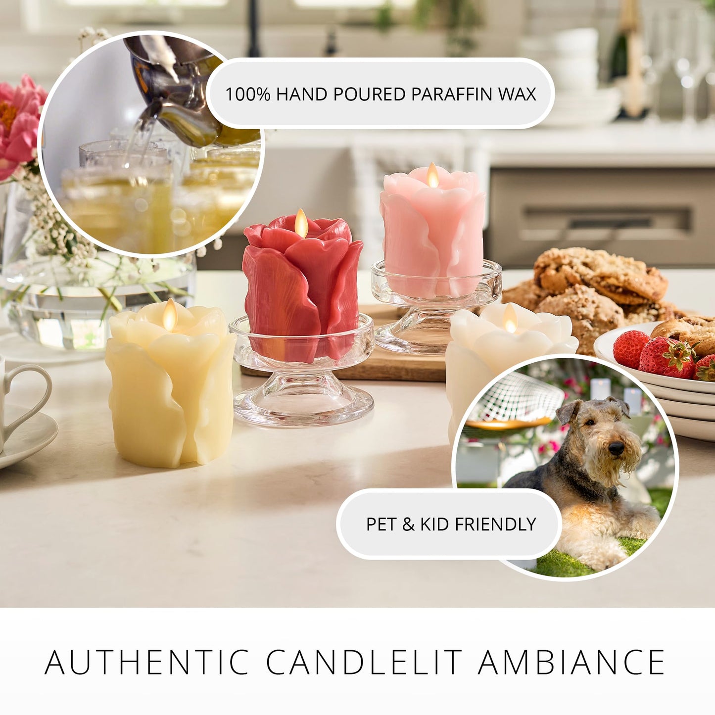 Luminara Crystal Rose Flameless Candle - 3.6" x 4.3" Rosebud Pillar - Real Flame Technology w/Flickering LED Light - Perfect for Mother's Day