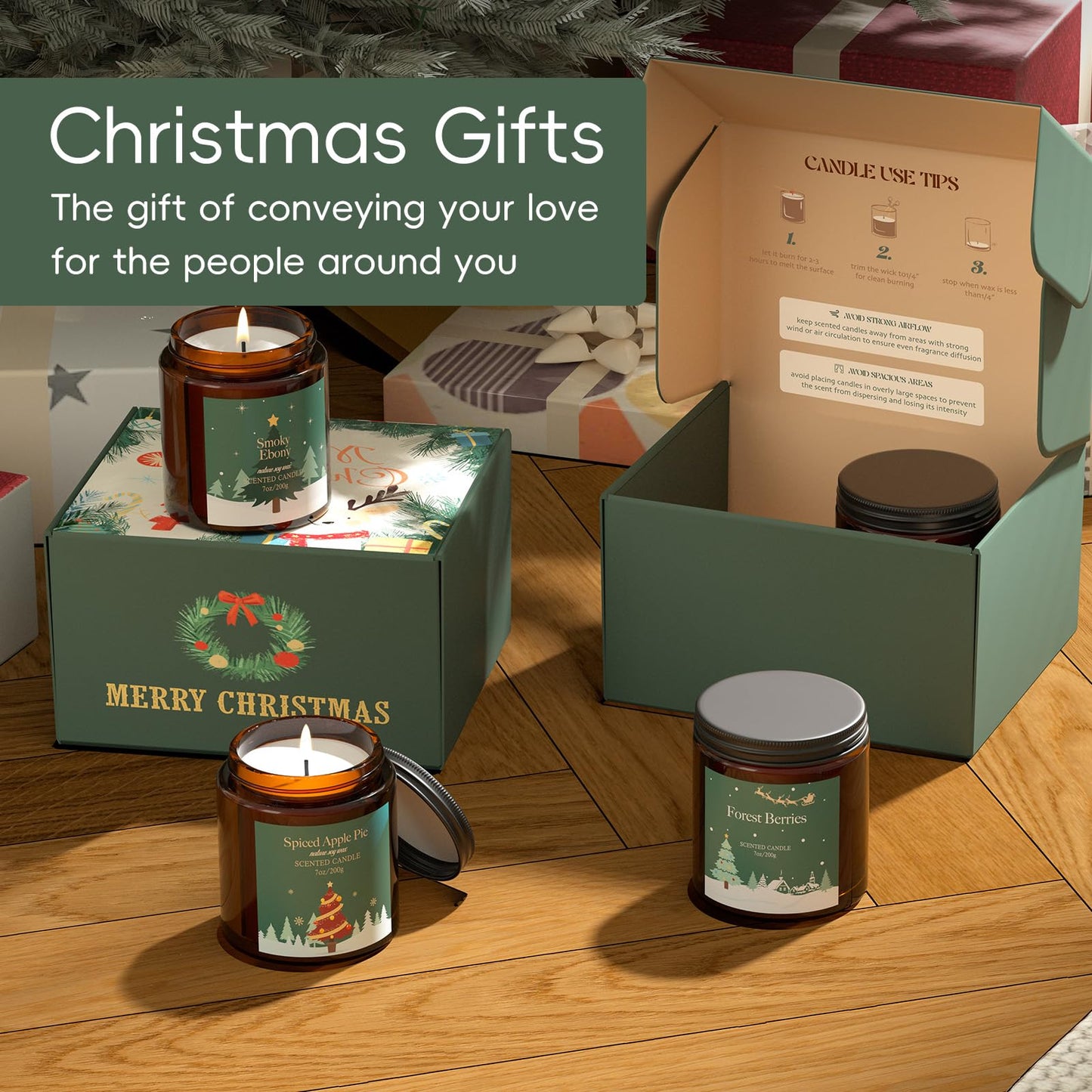 Christmas Candles Gift Set for Women, Scented Soy Candles for Home, 4 Pack 7 oz Fall Fragrance of Smoky Ebony/Spiced Apple Pie/Lavender Cedar/Forest Berries