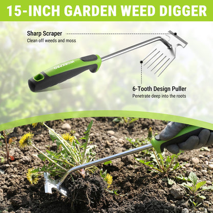 WORKPRO 3-Piece Weed Puller Tool Set – 15" 6-Tine Weed Remover, 12" Hand Weeder, 12.5" Crack Weeder, Stainless Steel with Ergonomic Handle for Lawn, Garden, Yard