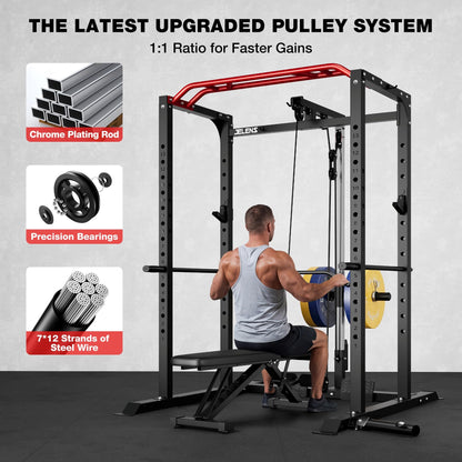 JELENS S11 Power Cage, 2000LB Multi-Function Power Rack with LAT Pulldown, Squat Rack with Adjustable Pulley System and Training Attachments, Weight Rack for Home Gym (370LB Black Weights Package)