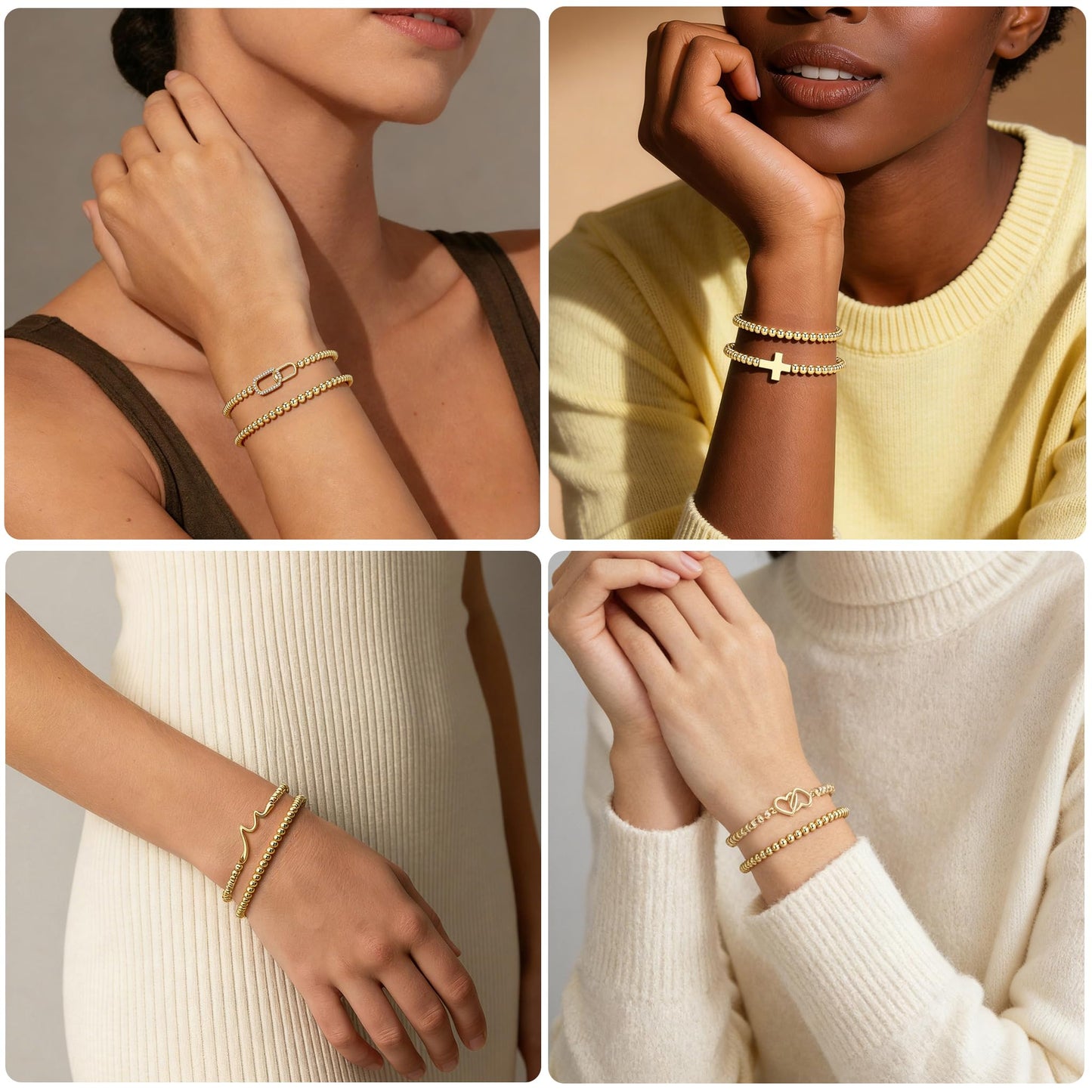 Jsuospmy Gold Beaded Bracelets for Women 14K Gold Wave Bracelet Handmade Stackable Bracelets for Women Trendy Non Tarnish Bracelet Jewelry Gift for Womens 2Pcs (05.Wave+Beaded (Gold))