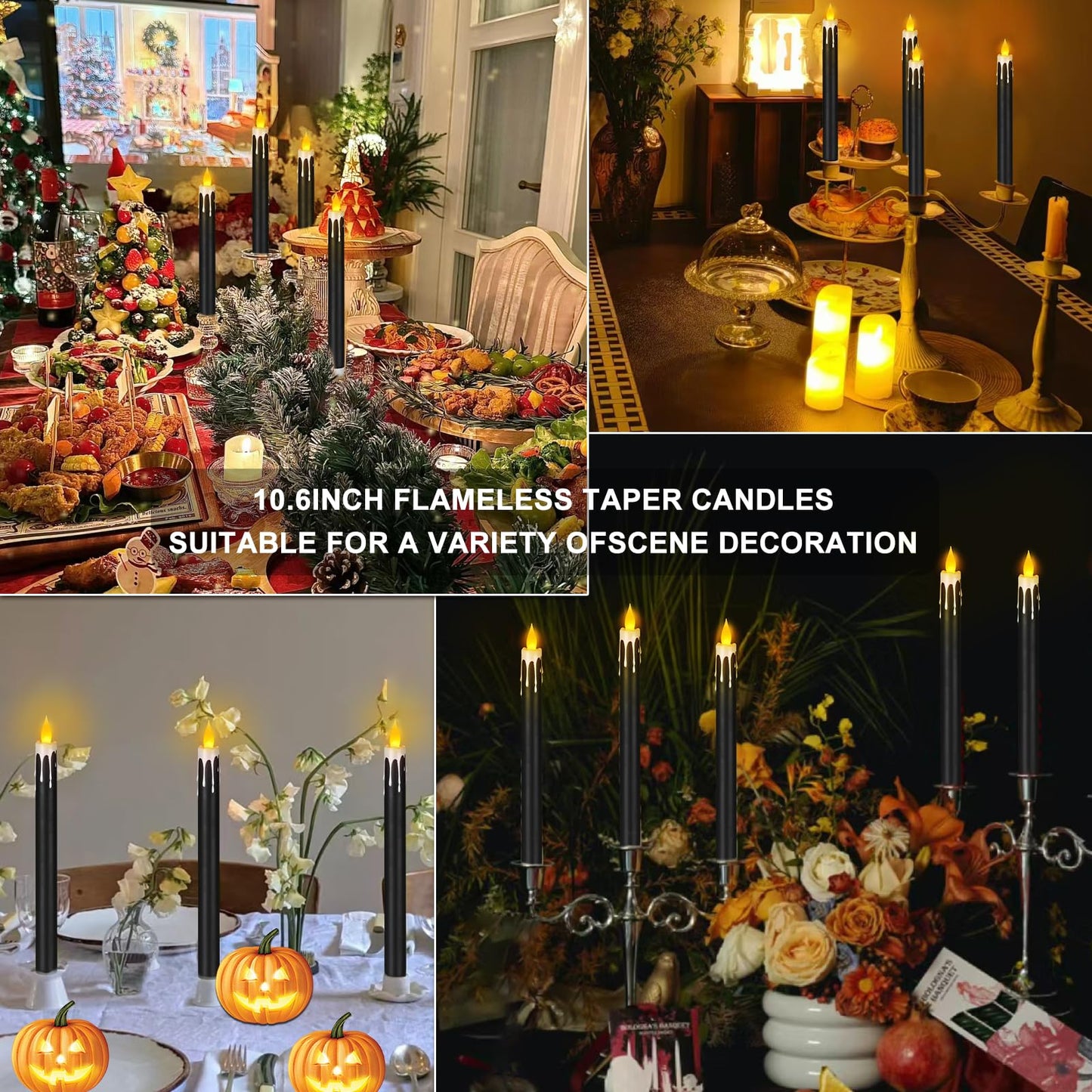 wemarry Flameless Taper Candles 10.6" Dripless Battery Operated Taper Candles Included Remote Timer 400+ Hours by 2AA Batteries for Halloween Christmas Wedding (Black+White, 12 Pack)