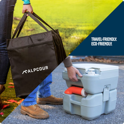 Alpcour Portable Toilet – Compact Indoor & Outdoor Commode w/Travel Bag for Camping, RV, Boat – Piston Pump Flush, 5.3 Gallon Waste Tank, Built-In Pour Spout & Washing Sprayer for Easy Cleaning