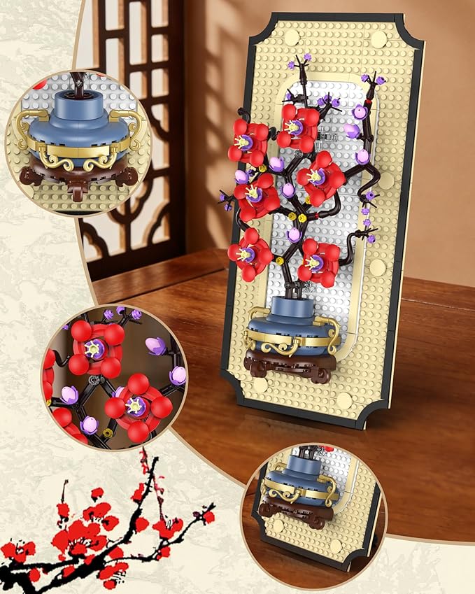 Plum Blossom Building Set for Adults 3D Wall Art Frame Decor Botanical Flower Blocks Kit Home Office Wall Decor Birthday for Women &amp Plant Lovers (529 PCS)